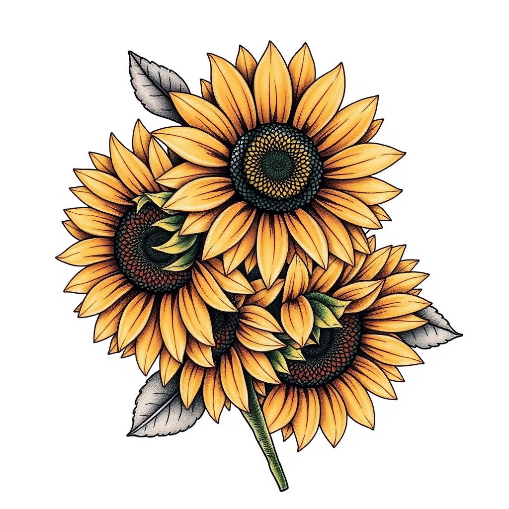 A tattoo design of Four sunflowers in the style of realistic. - flowers tattoo design generated by AI tattoo generator