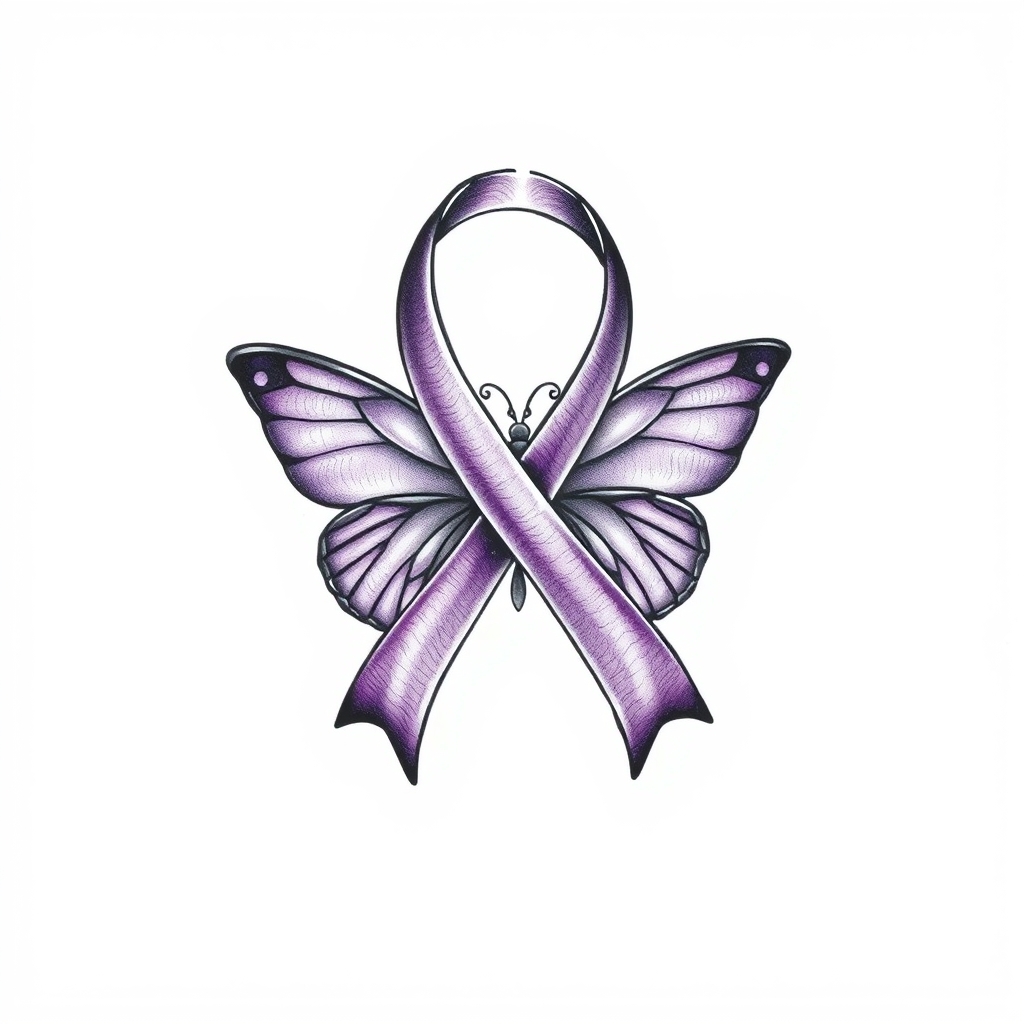 A tattoo design of  crying with the domestic awareness ribbon with a purple butterfly entwined together in the style of traditional. - awareness ribbon tattoo design generated by AI tattoo generator