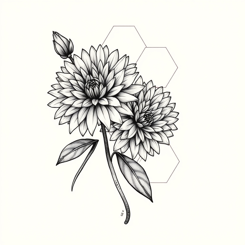 A tattoo design of Long Blooming Chrysanthemums and hexagons in the style of geometric. - flowers and patterns tattoo design generated by AI tattoo generator