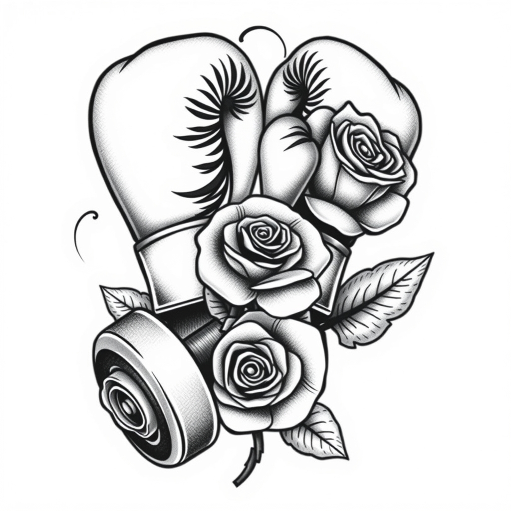 A tattoo design of A pair of boxing gloves, a weight dumbell, and a rose in the style of realistic. - fitness and sports tattoo design generated by AI tattoo generator