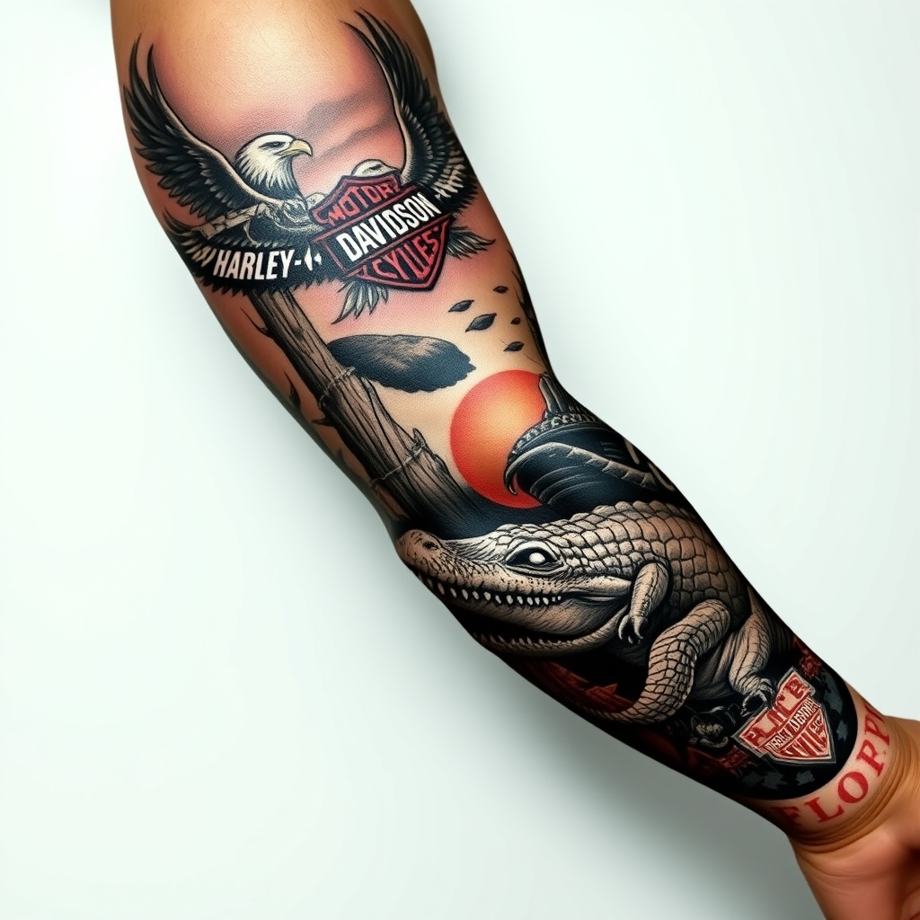 A tattoo design of Right arm full sleeve with the upper containing Harley Davidson theme with eagles mixed with the lower of Florida cypress swamp theme with alligator in the style of realistic. - motorcycle and swamp life tattoo design generated by AI tattoo generator