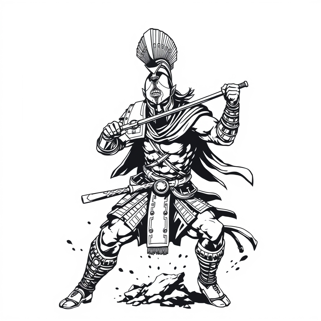A tattoo design of Spartan fighting a samurai  in the style of realistic. - warrior battle scene tattoo design generated by AI tattoo generator