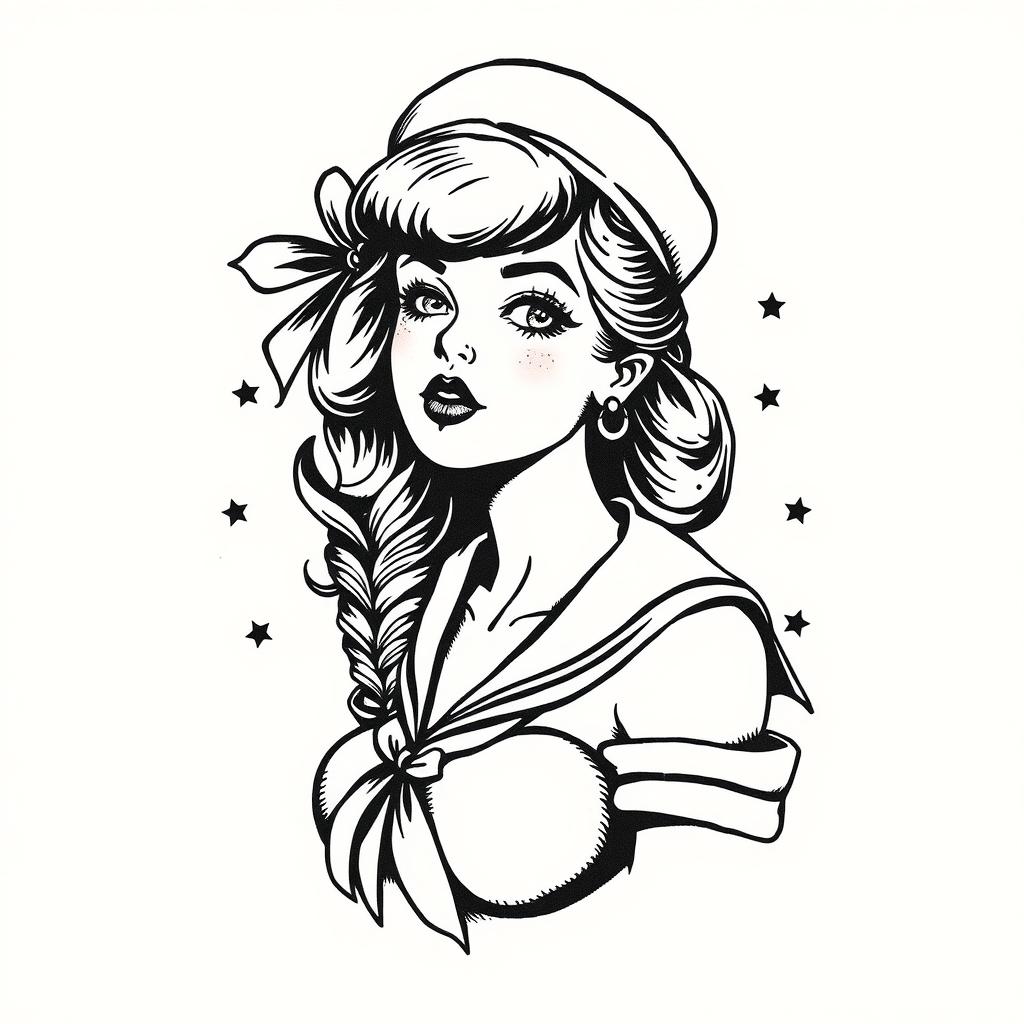 A tattoo design of vintage pinup sailor girl in the style of blackwork. - pin up art tattoo design generated by AI tattoo generator