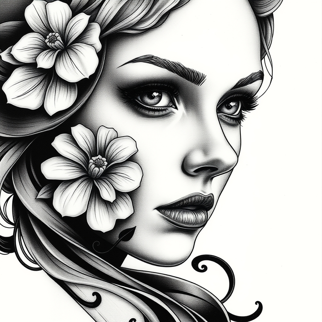 A tattoo design of CANVAS, beautiful woman face, inspired by Karolina Pisarek (((inspired by Karolina Pisarek))) (--erutxet: yalc - eulg:5%): 3d in the style of blackwork. - human portrait tattoo design generated by AI tattoo generator