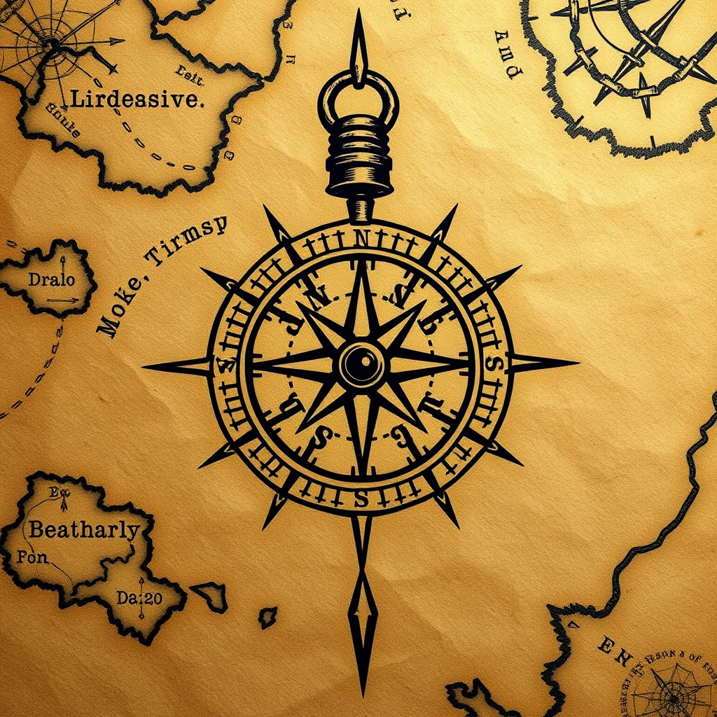 A tattoo design of antique compass on old treasure map in the style of traditional. - vintage navigation tattoo design generated by AI tattoo generator