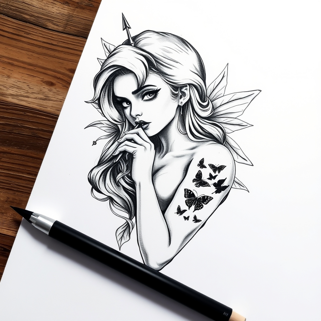 A tattoo design of b/w mistress on white paper in the style of realistic. - pin up girl tattoo design generated by AI tattoo generator