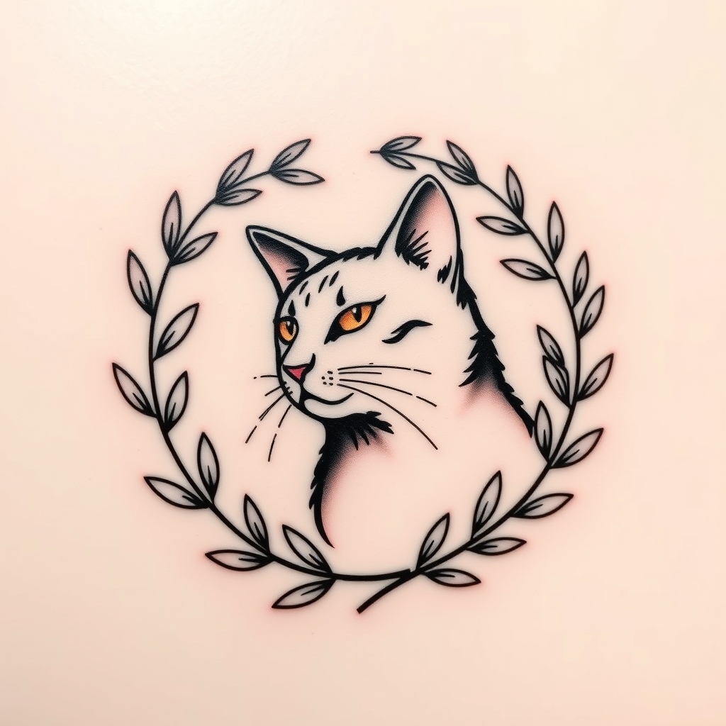 A tattoo design of Olive leaves wreath with a cat in the style of minimalist. - floral wreath tattoo design generated by AI tattoo generator