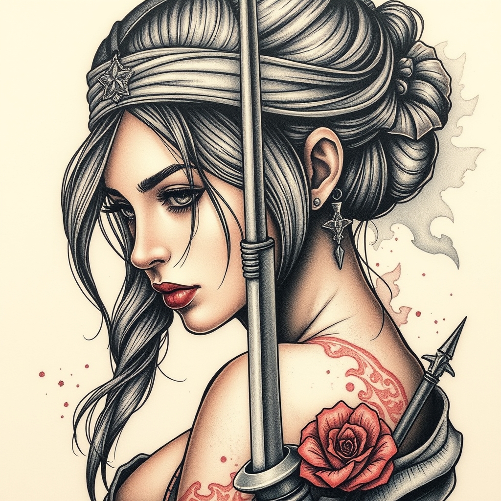 A tattoo design of War and peace girl in the style of realistic. - war and peace tattoo design generated by AI tattoo generator
