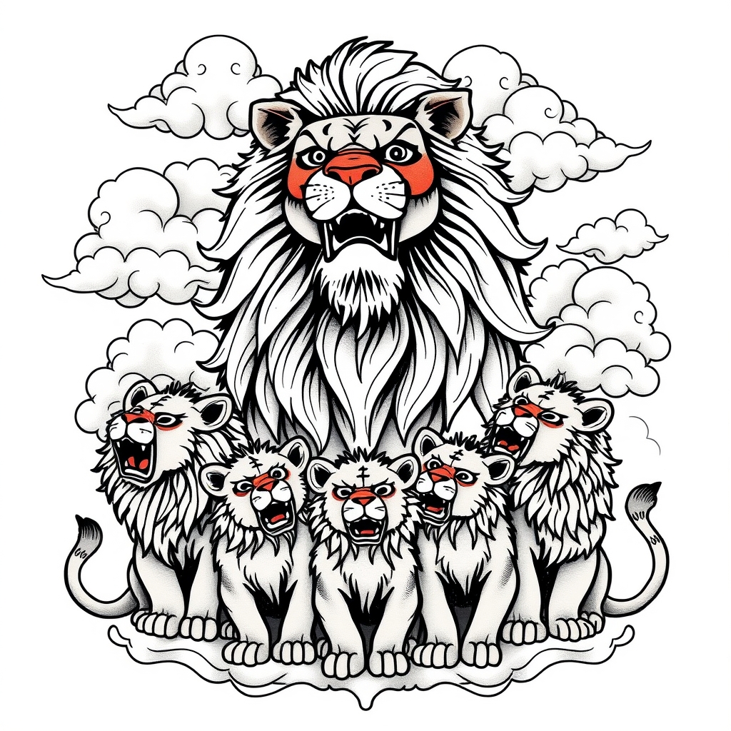 A tattoo design of Grandpa Lion in the clouds looking down on his lion son and his 6 lion cubs  in the style of japanese. - family animals tattoo design generated by AI tattoo generator