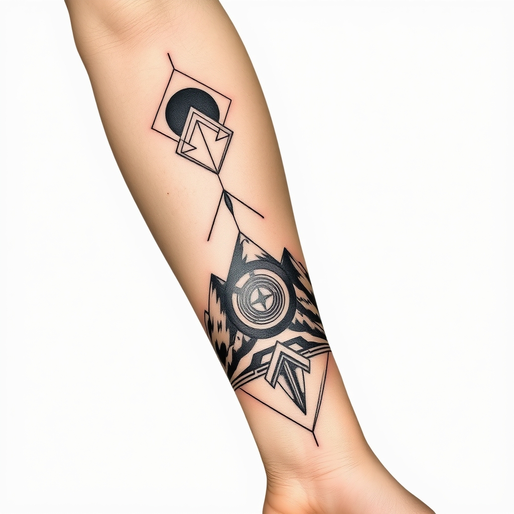 A tattoo design of Vertically Long Masculine peruvian tattoo for a forearm with mountains and line work in the style of geometric. - geometric mountain landscape tattoo design generated by AI tattoo generator