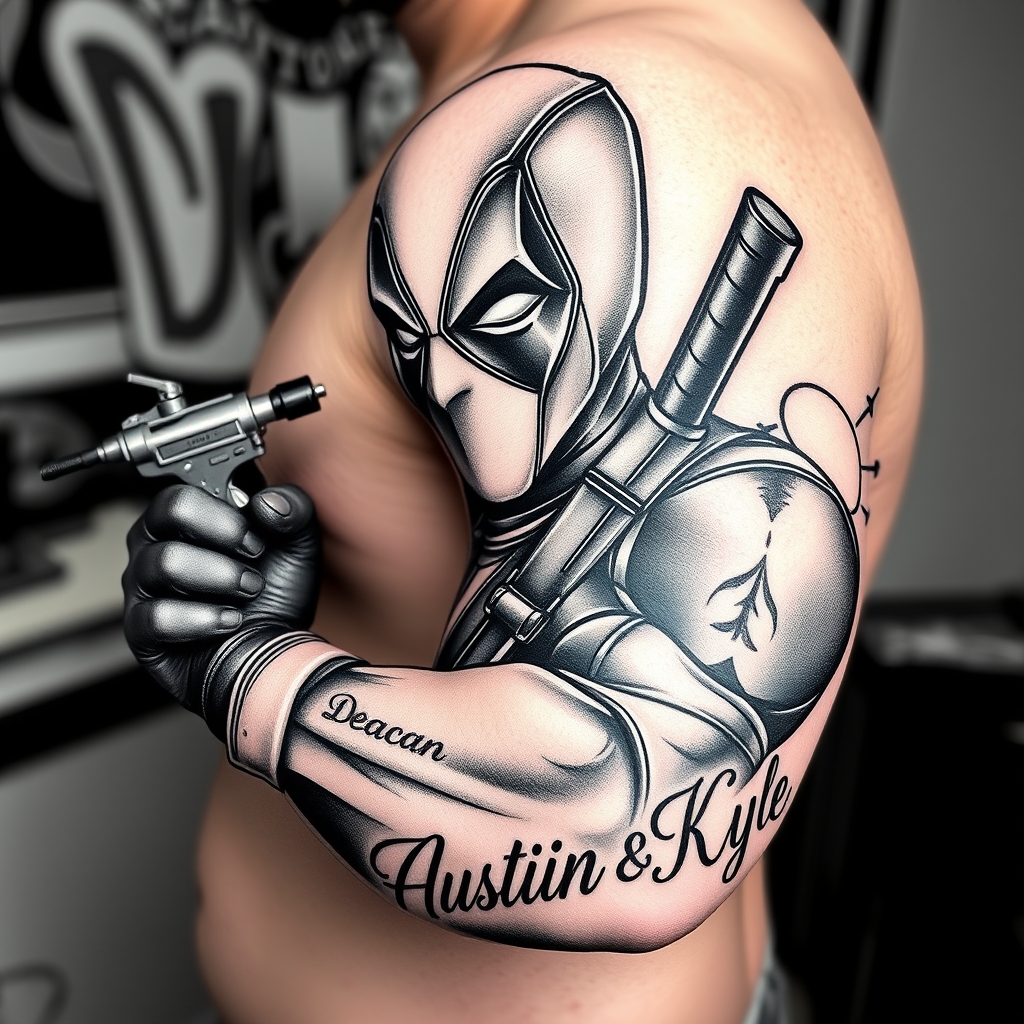 A tattoo design of Top half sleeve black and grey tattoo with deadpool holding a tattoo gun looking proud of tattooing the names Deacan Austin and Kyle on my arm in the style of blackwork. - superhero pop culture tattoo design generated by AI tattoo generator