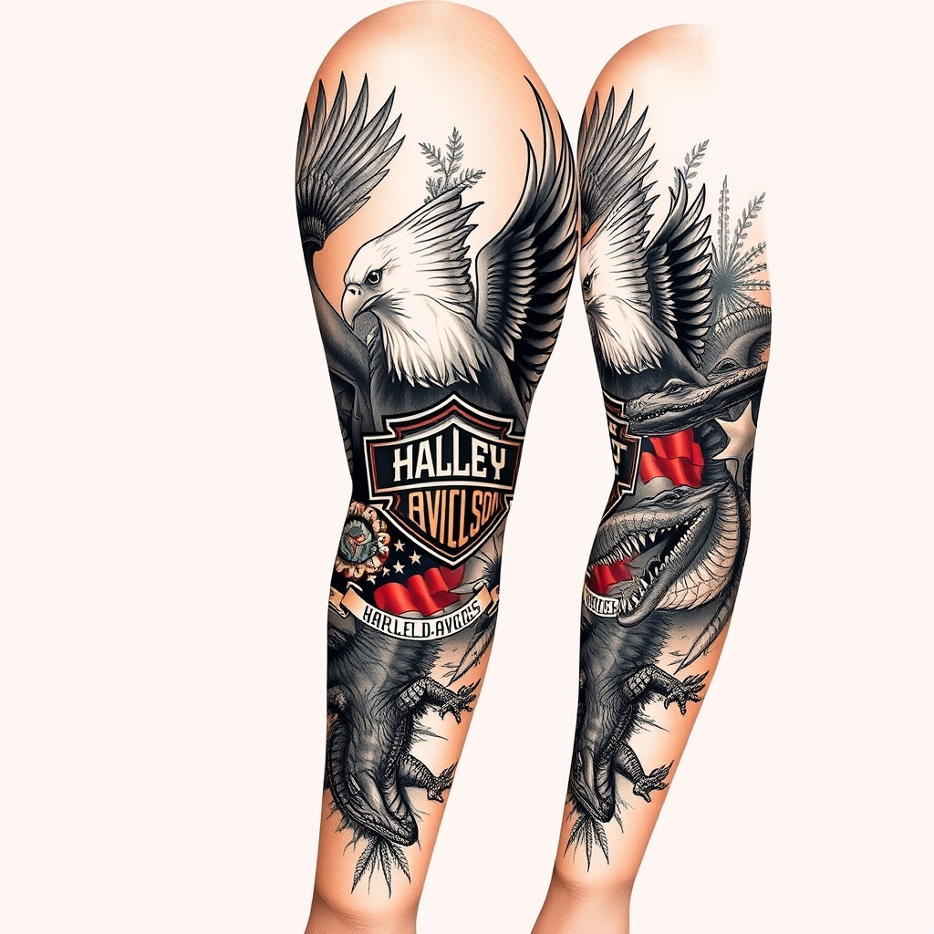 A tattoo design of Right arm full sleeve with Harley Davidson theme with eagles mixed with Florida swamp theme with american alligators in the style of realistic. - motorcycle culture tattoo design generated by AI tattoo generator