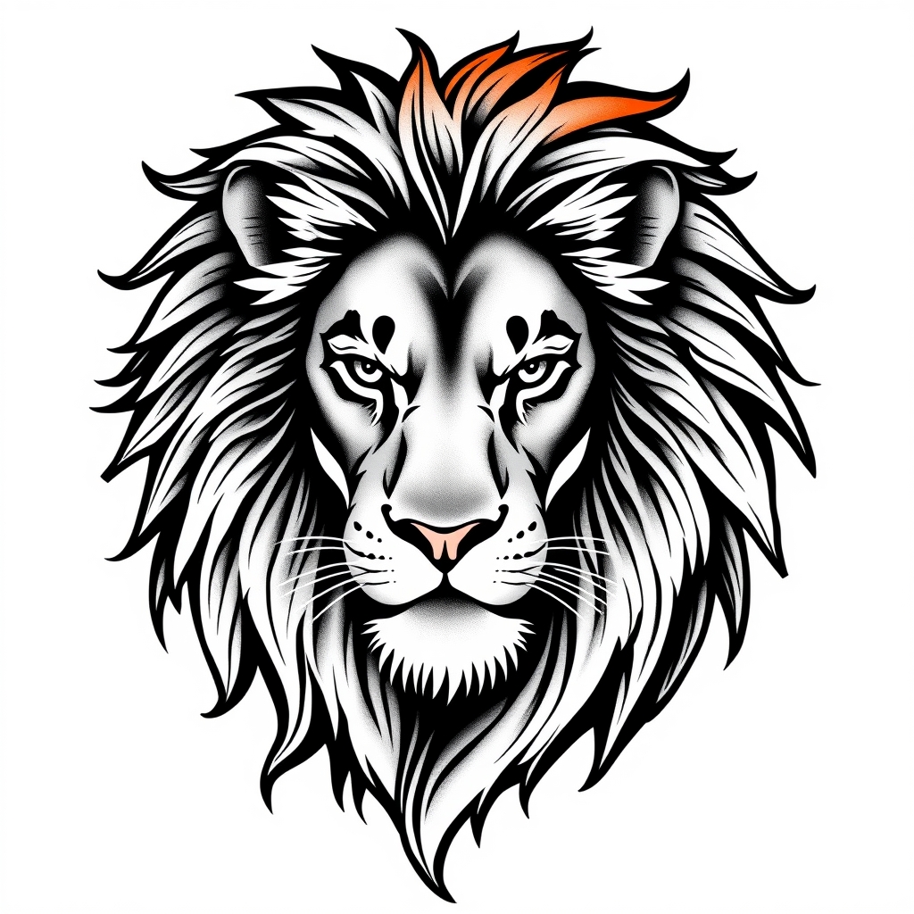 A tattoo design of Lion in black and white with a dash of orange in the mane in the style of realistic. - animals tattoo design generated by AI tattoo generator