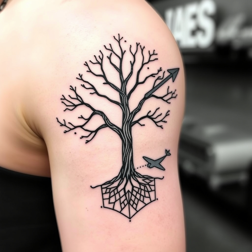A tattoo design of Style: Geometric black‑work, dot‑shading Placement: Upper arm (biceps only) Design: At inner biceps, dense hexagon base with fine root‑like lines merging downward. From this base, a stylized geometric tree trunk rises, branching outward across the biceps curve. Between branches, weave bold yet flowing black wave motifs with subtle dot‑shade texture to symbolize water/movement. On the outer biceps, integrate a minimalist geometric airplane wing (or compass arrow) emerging from the central branch. Use negative space to keep the design airy and dynamic. Keep line weights heavier at roots/trunk, finer toward branches and waves. in the style of geometric. - nature tattoo design generated by AI tattoo generator