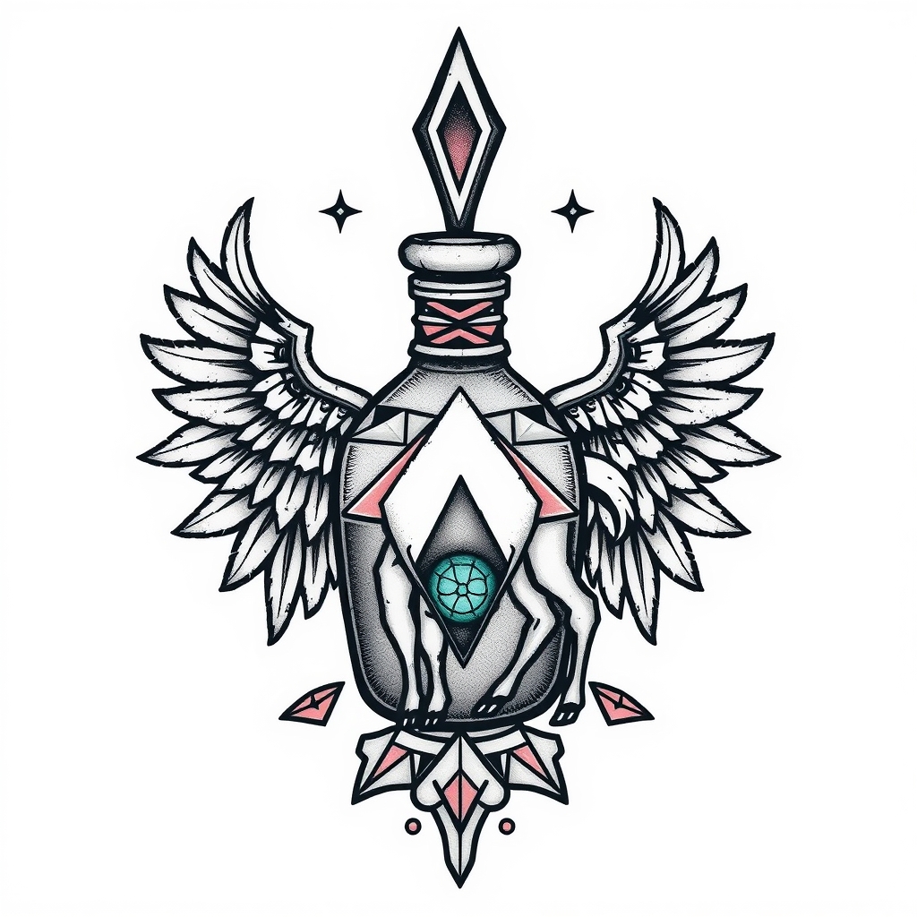 A tattoo design of kuzco poison bottle, with essence of llama in the style of geometric. - film character tattoo design generated by AI tattoo generator