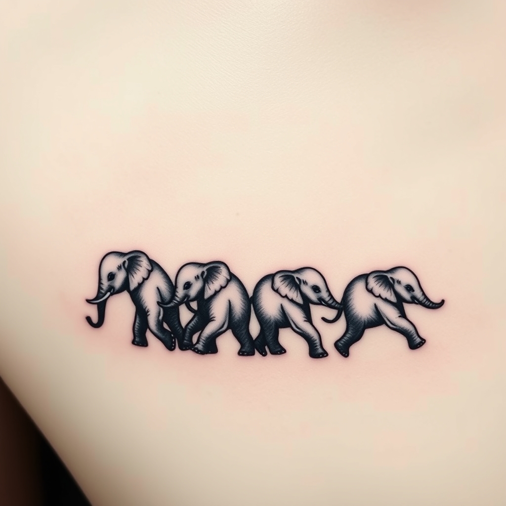 A tattoo design of 4 baby elephants walking left to right gradually getting smaller in the style of minimalist. - animals tattoo design generated by AI tattoo generator