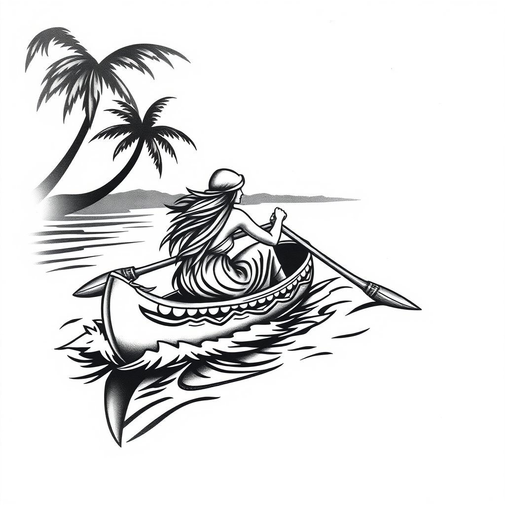 A tattoo design of Woman paddling a canoe down the nile river in the style of tribal. - water travel tattoo design generated by AI tattoo generator