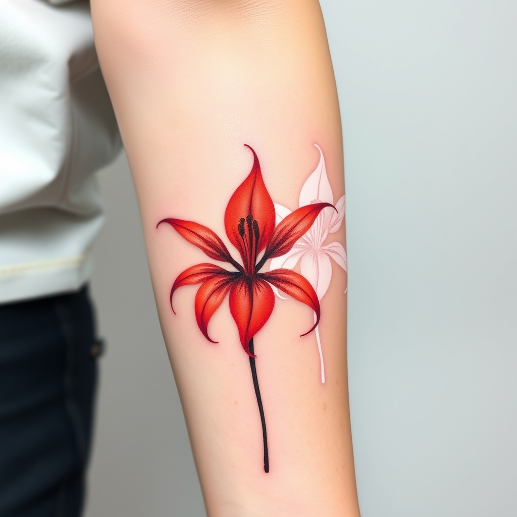 A tattoo design of Realistic spider lily tattoo design in red ink, with fine botanical detailing. The flower should have no leaves on the stem — only a single, slender, naturalistic stem supporting a fully bloomed spider lily with delicate, curled petals and long filaments, all in a vivid red tone. Overlay a second version of the same flower in pure white ink, slightly offset to the right, creating a ghosted double-vision effect (3D-style diplopia). The white flower should look like a translucent echo or spiritual aura of the red lily, as if its soul is gently drifting out. Focus on soft contrast between the vibrant red and ethereal white. The design should be clean, refined, and emotionally expressive — balancing realism and minimalism. Tattoo placement should be on the inner forearm or upper arm for visual clarity, with smooth skin texture as the background in the style of geometric. - flower tattoo tattoo design generated by AI tattoo generator