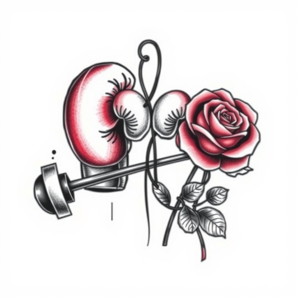 A tattoo design of A pair of boxing gloves, a barbell, and a rose in the style of realistic. - fitness symbols tattoo design generated by AI tattoo generator