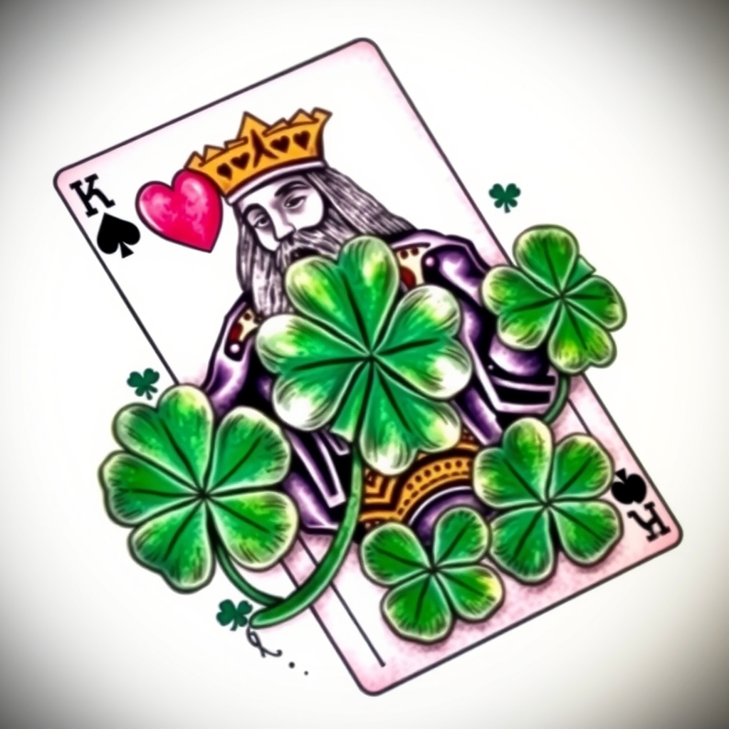 A tattoo design of I would like a 3d photo realistic playing card, the king of 4 leaf clovers, with black, green, and purple ink, maybe some white ink for highlighting. NO red ink. in the style of japanese. - playing card tattoo design generated by AI tattoo generator