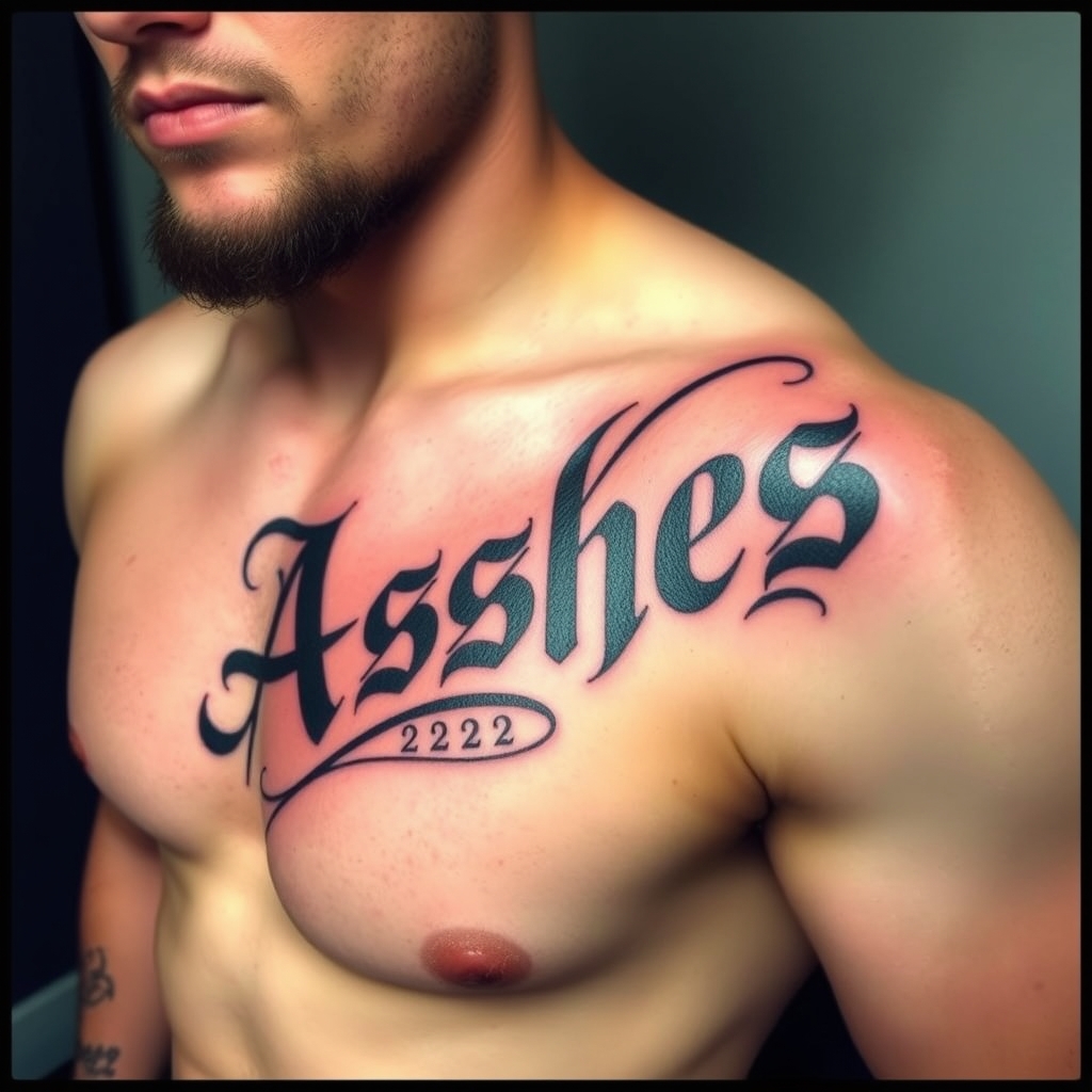 A tattoo design of Words "Ashes 222 Ashes" on left pectoralis in the style of realistic. - text tattoo design generated by AI tattoo generator