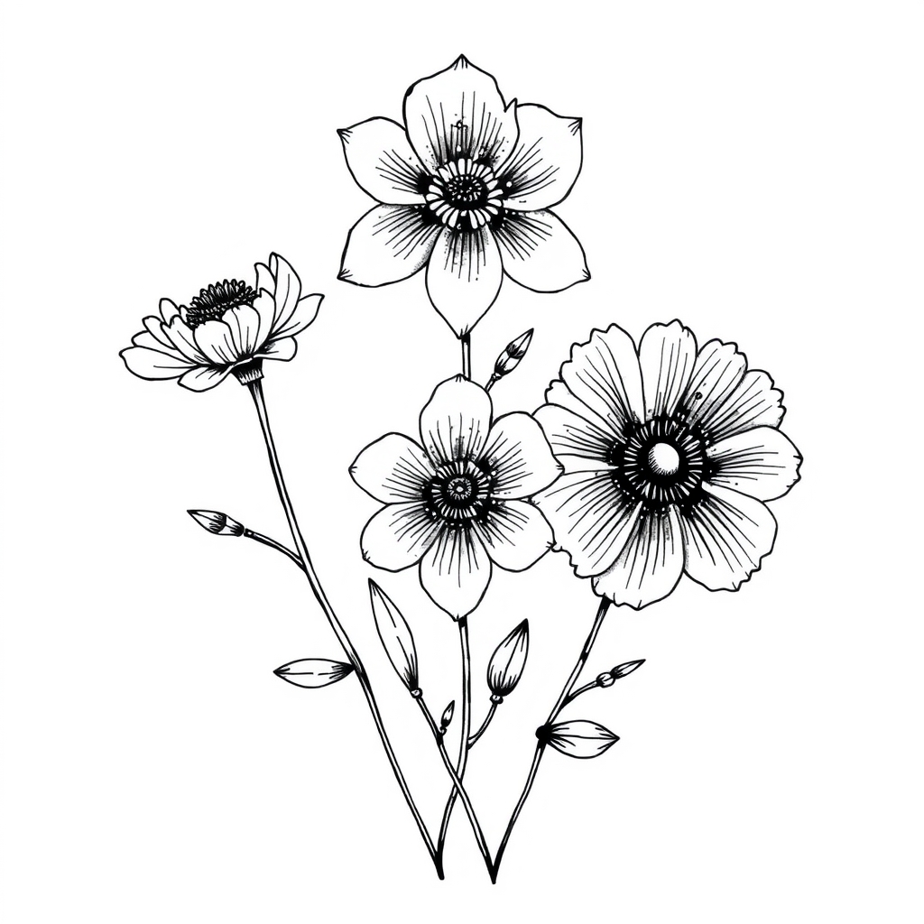 A tattoo design of February and August and December birth flowers in the style of blackwork. - birth flowers tattoo design generated by AI tattoo generator