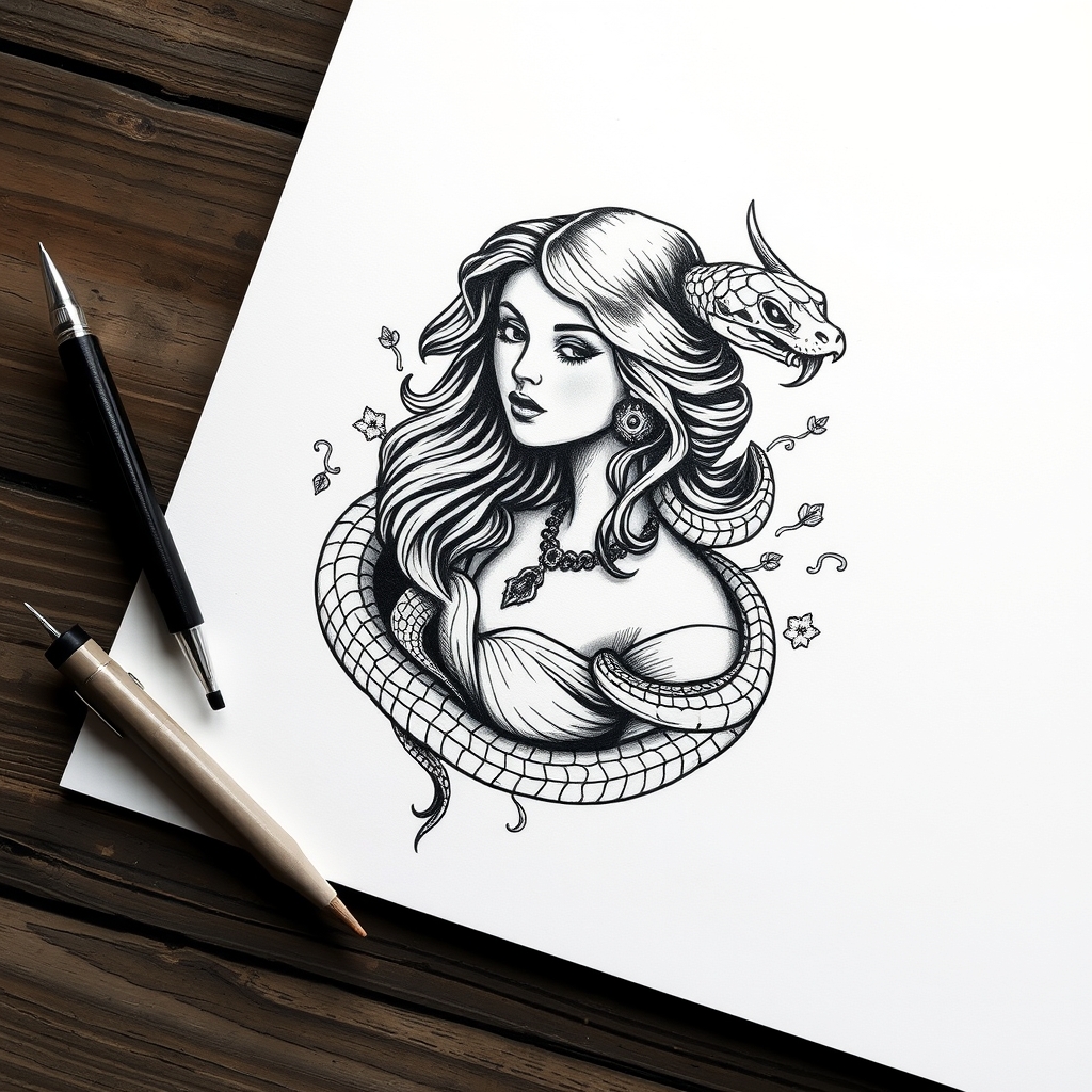 A tattoo design of b/w snake around vintage woman on white paper in the style of blackwork. - fantasy woman tattoo design generated by AI tattoo generator