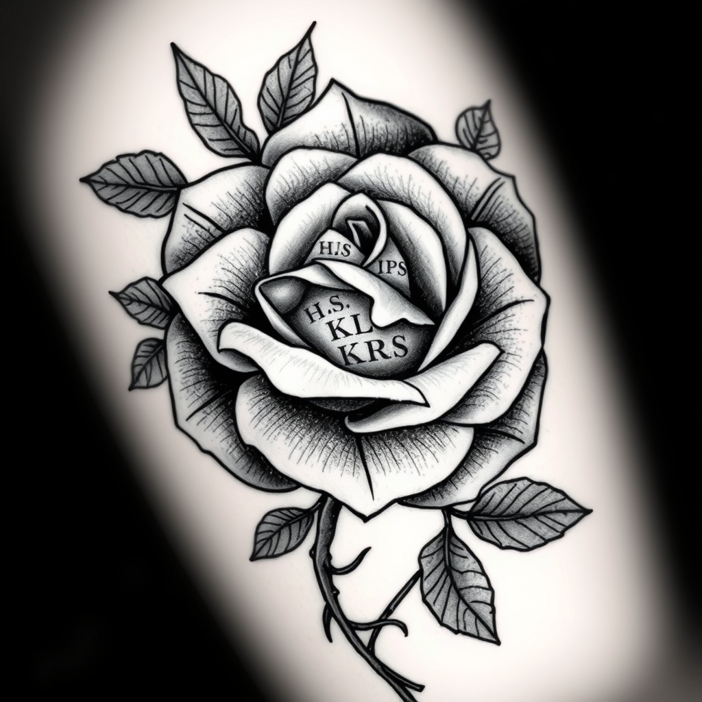 A tattoo design of Black and grey rose tattoo with leaves and vines. Hidden initials HLS HPS and KRS inside the petals. in the style of realistic. - rose flower tattoo design generated by AI tattoo generator