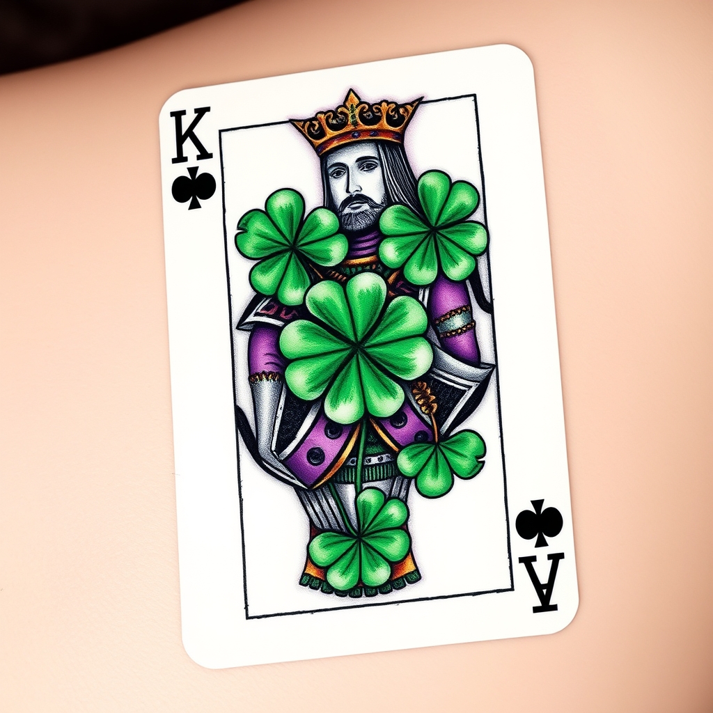 A tattoo design of I would like a 3d photo realistic playing card, the king of 4 leaf clovers, with black, green, and purple ink, maybe some white ink for highlighting. NO red ink. in the style of traditional. - playing card tattoo design generated by AI tattoo generator