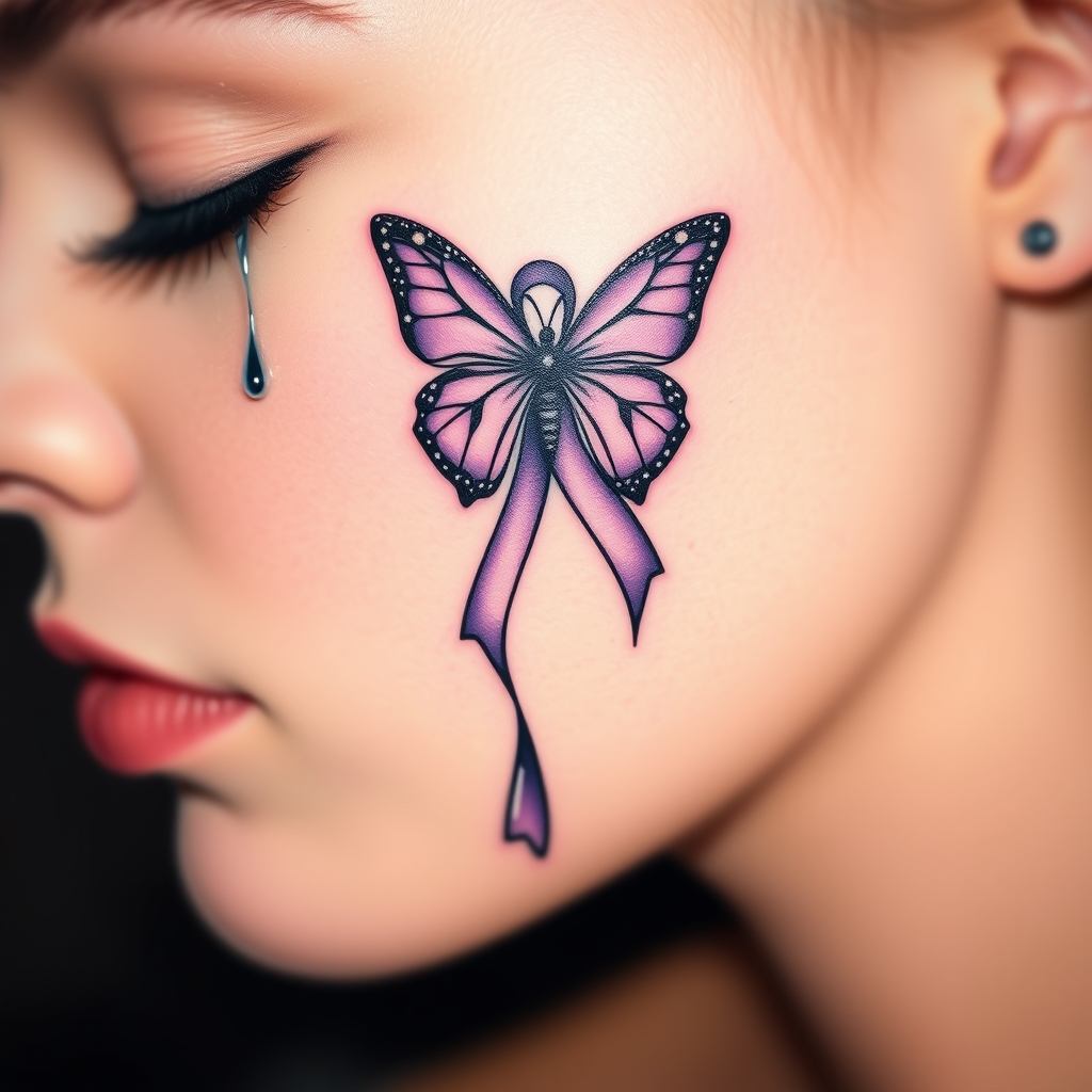 A tattoo design of A tear running down a woman's face with a domestic violence ribbon and a purple butterfly entwined together in the style of minimalist. - domestic violence awareness tattoo design generated by AI tattoo generator