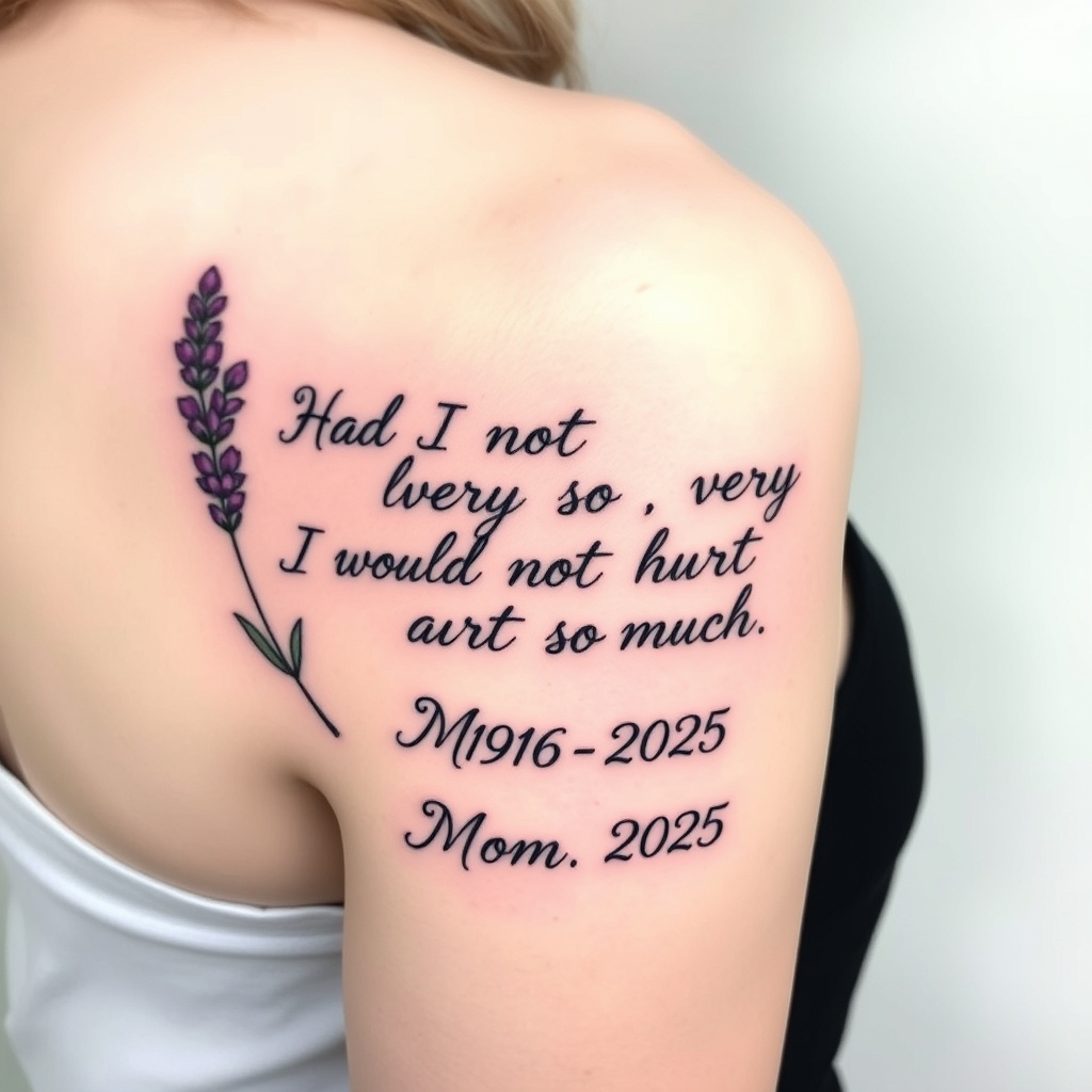 A tattoo design of right shoulder blade tattoo. Lavender with the words Had I not loved so very much, I would not hurt so much in cursive. Mom 1964-2025 underneath in serif  in the style of realistic. - memorial quote tattoo design generated by AI tattoo generator