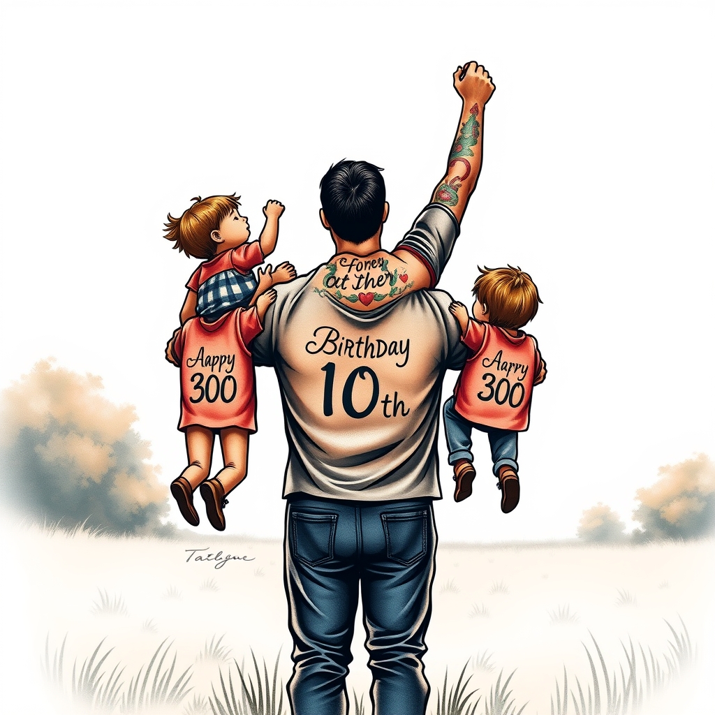 A tattoo design of A father lifting his 3 kids showing their birthdays in the style of realistic. - family scene tattoo design generated by AI tattoo generator
