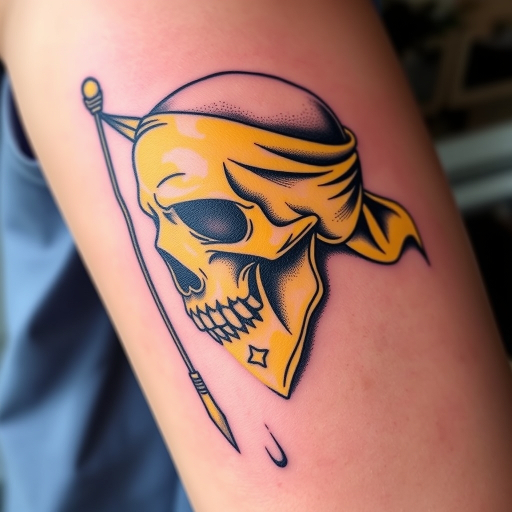 A tattoo design of Yellow bandana flag tattoo in the style of surrealistic. - pirate symbol tattoo design generated by AI tattoo generator