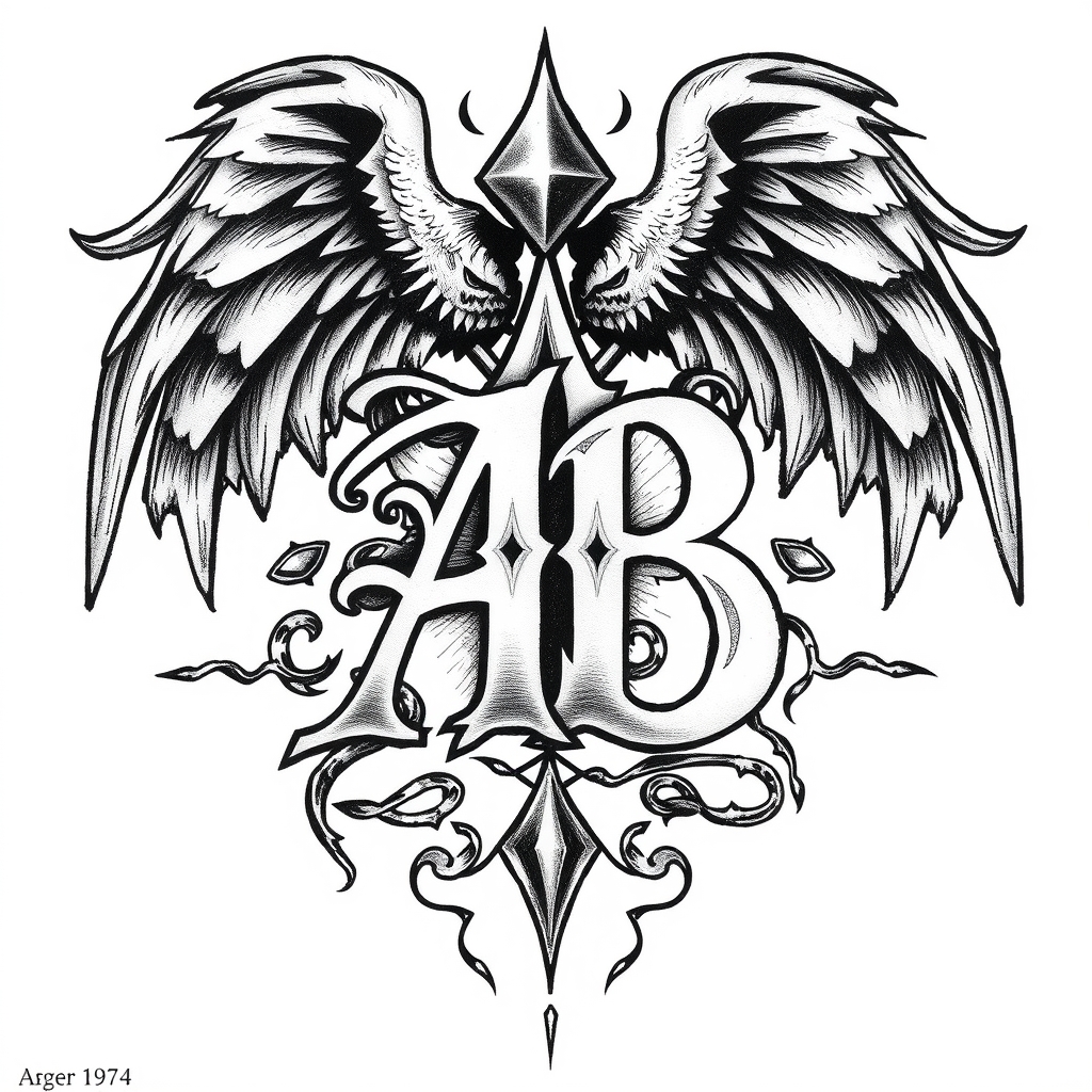 A tattoo design of Initials AB, year 1974,  in the style of surrealistic. - dates and initials tattoo design generated by AI tattoo generator