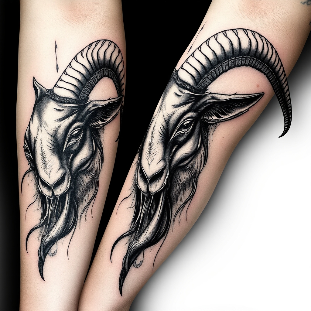 A tattoo design of Black/grey/white goathead full arm sleeve in the style of surrealistic. - animal design tattoo design generated by AI tattoo generator