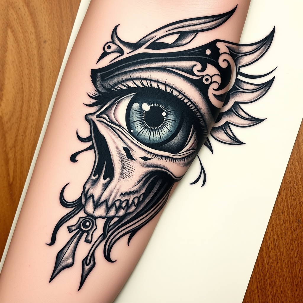 A tattoo design of Realistic eye with tribal and skull arm and hand tattoo in the style of realistic. - skull tattoo tattoo design generated by AI tattoo generator