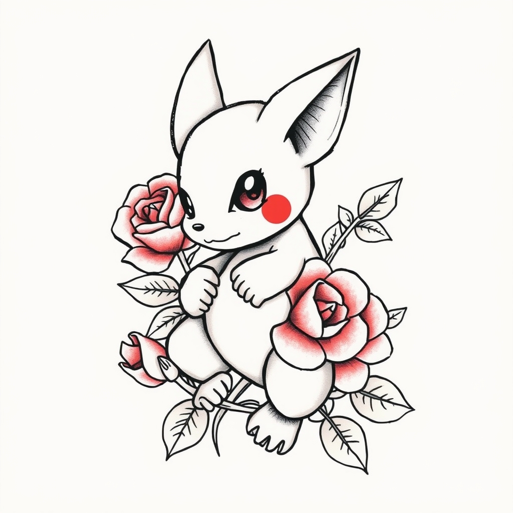 A tattoo design of POKEMON CUBONE WITH ROSES in the style of traditional. - video games tattoo design generated by AI tattoo generator