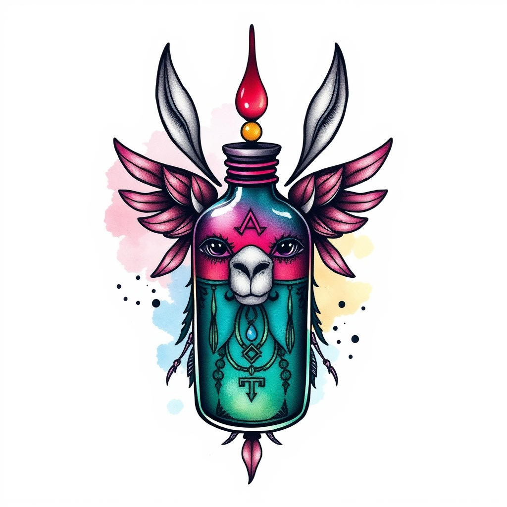 A tattoo design of kuzco poison bottle, with essence of llama in the style of watercolor. - pop culture reference tattoo design generated by AI tattoo generator