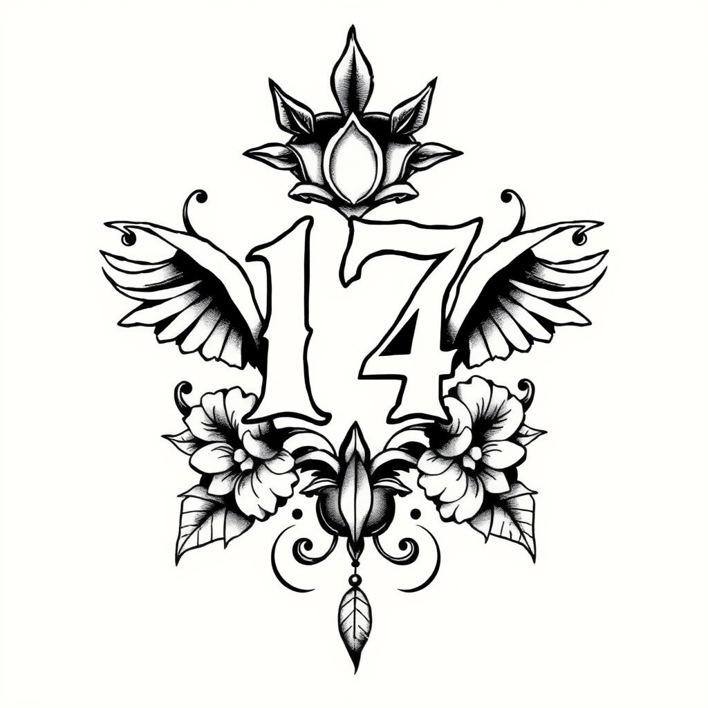 A tattoo design of 17 4 in the style of blackwork. - numerical symbol tattoo design generated by AI tattoo generator