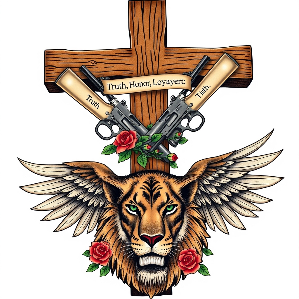 A tattoo design of A Large wooden Christian Cross with the words written in Latin (Truth, Honor, Loyalty) in a banner intertwined, and 2 pearl-colored handle pistol guns going diagonal across the back of the Cross with a vine of red and white roses wrapped around them, and an Eagles wings on a  gentle green-eyed lion in the style of realistic. - christian cross tattoo design generated by AI tattoo generator