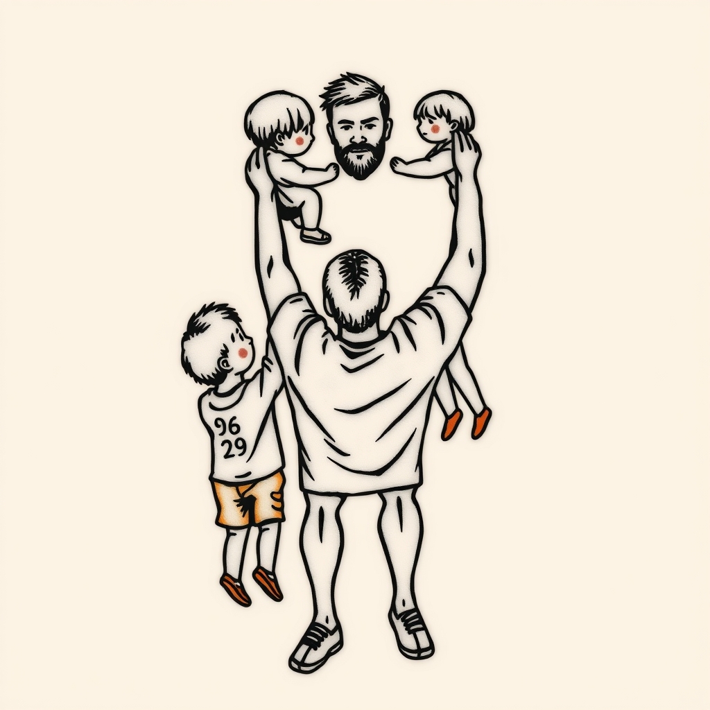 A tattoo design of A father lifting his 3 kids showing their birthdays in the style of traditional. - family portrait tattoo design generated by AI tattoo generator