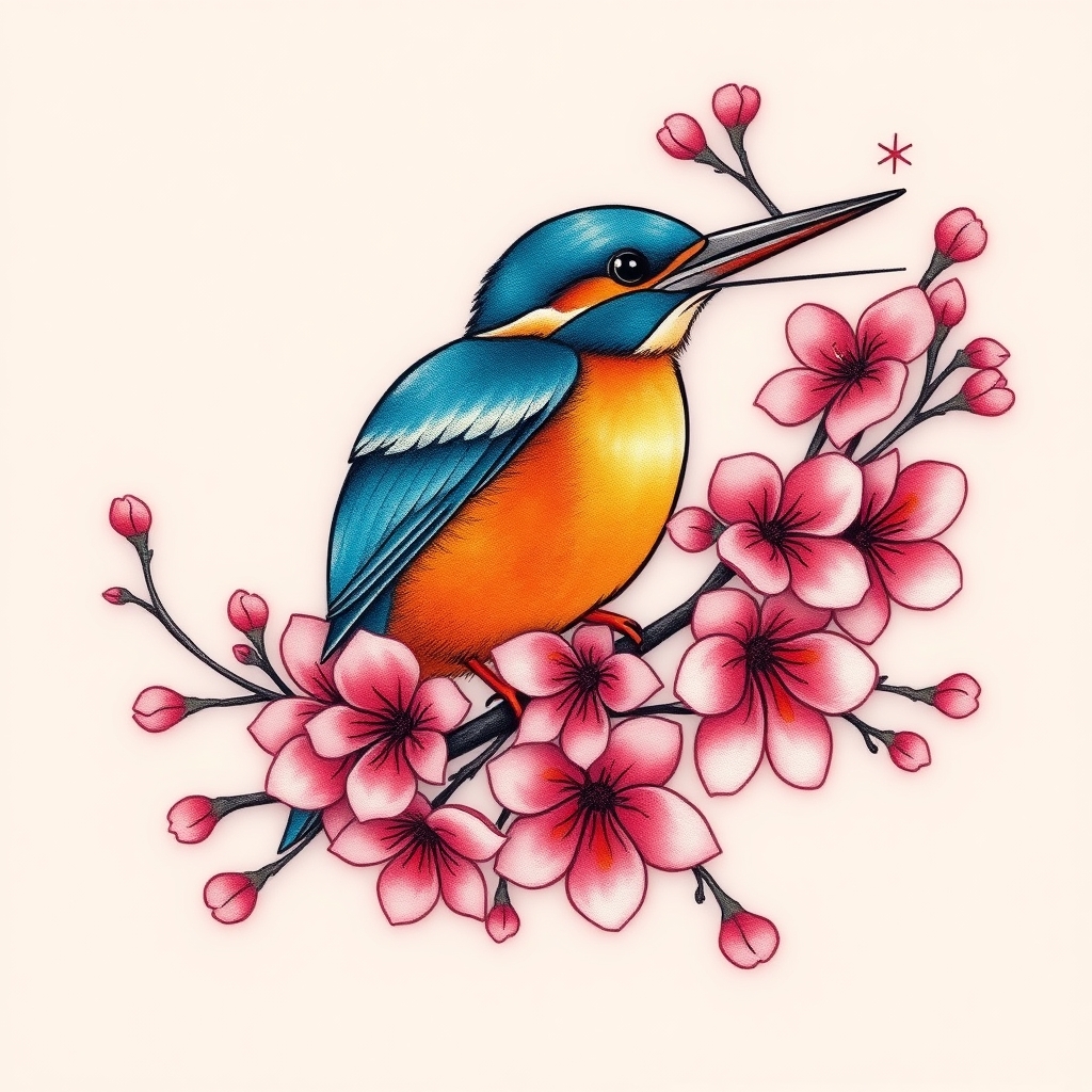 A tattoo design of Flying blue and orange kingfisher suroounded by large quantity of pink cherry blossoms in the style of minimalist. - birds and flowers tattoo design generated by AI tattoo generator