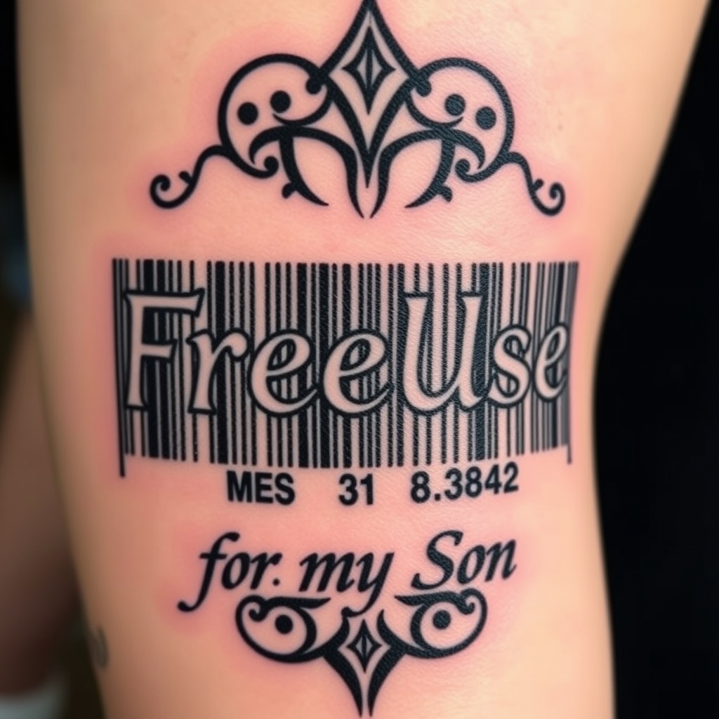 A tattoo design of a barcode with the wording FreeUse for my Son in the style of realistic. - barcode tattoo design generated by AI tattoo generator