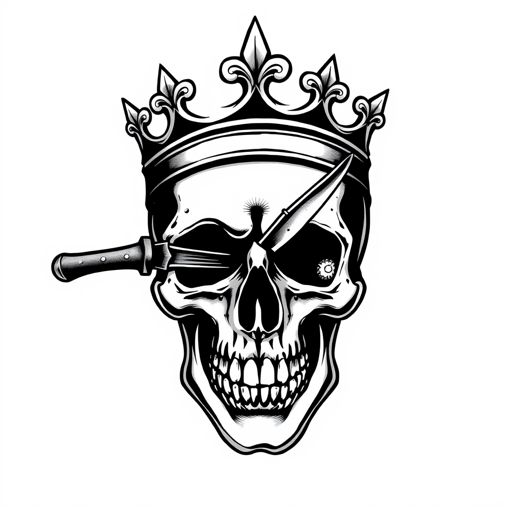 A tattoo design of Skull wearing a crown with a knife through it's eye in the style of realistic. - skull design tattoo design generated by AI tattoo generator