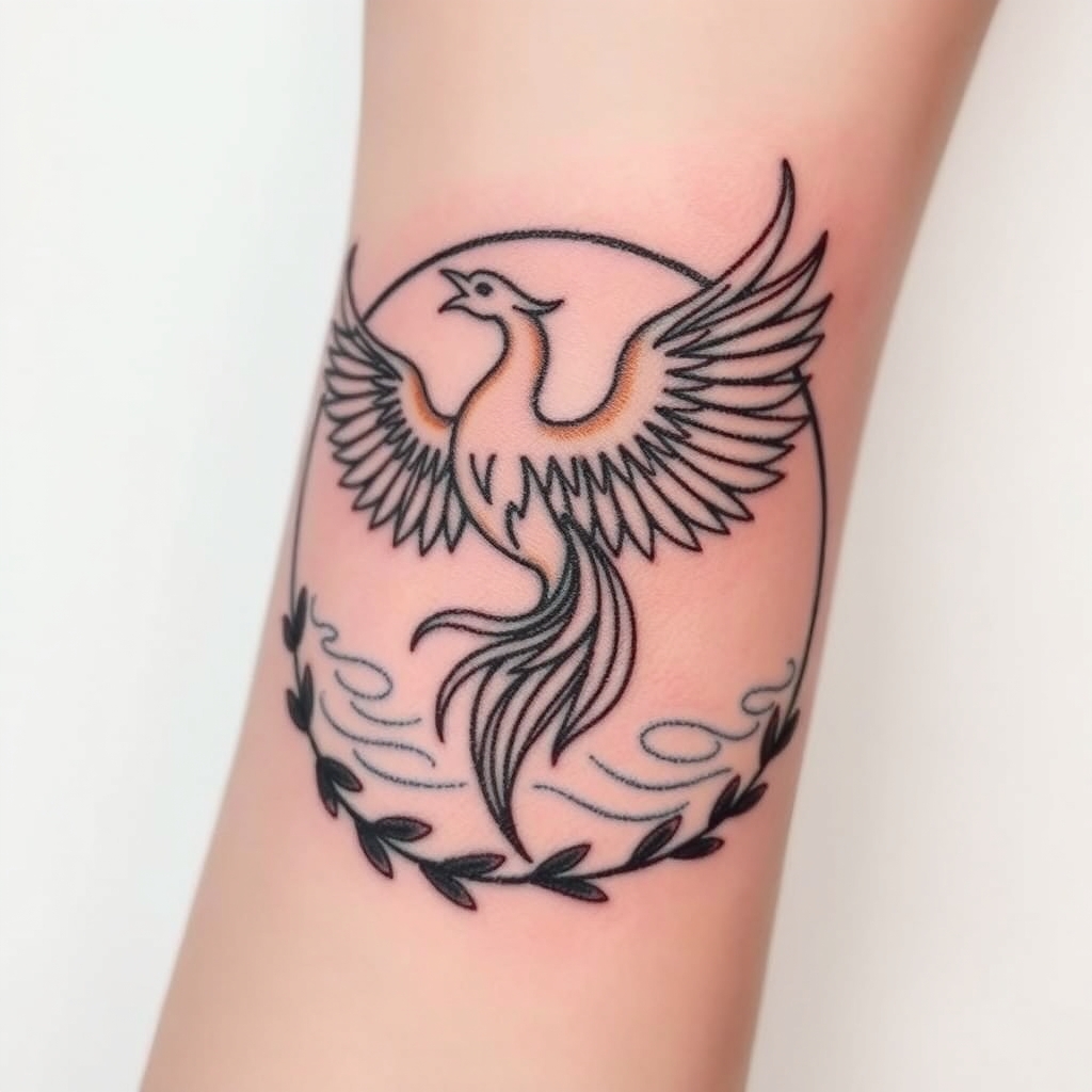 A tattoo design of Phoenix representing transformation and power 🌿 Garland vine adding growth, connection, and organic beauty 🌊 Water ripples symbolizing peace, renewal, and emotional flow 🎨 All unified in a clean, bold-lined circular band — timeless and wearable wrapped around wrist in the style of realistic. - nature symbols tattoo design generated by AI tattoo generator