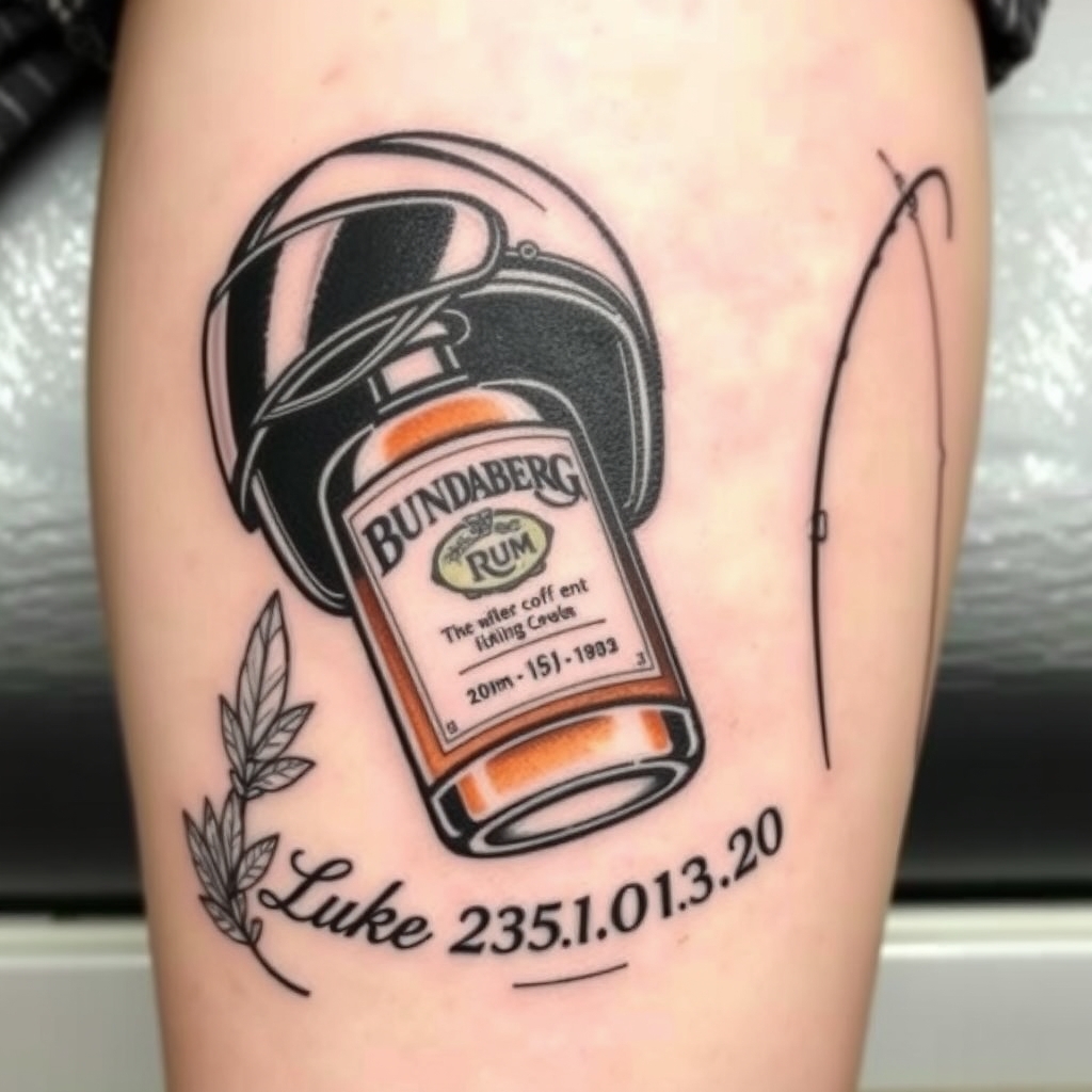 A tattoo design of Motorbike Helmet sits at the top, sketched in clean black and grey lines with subtle shading to create depth and texture. Bundaberg Rum Bottle is layered across the helmet's side—bold black outlines and shading, with the amber colour retained in the liquid to draw focus. Beneath, the tribute text “Luke 25.01.85 – 03.07.20” is elegantly curved to follow the base of the helmet. On the left, a detailed weed leaf frames the helmet. On the right, the fishing rod curves upward, the line looping gracefully around the date area. in the style of traditional. - memorial tattoo tattoo design generated by AI tattoo generator