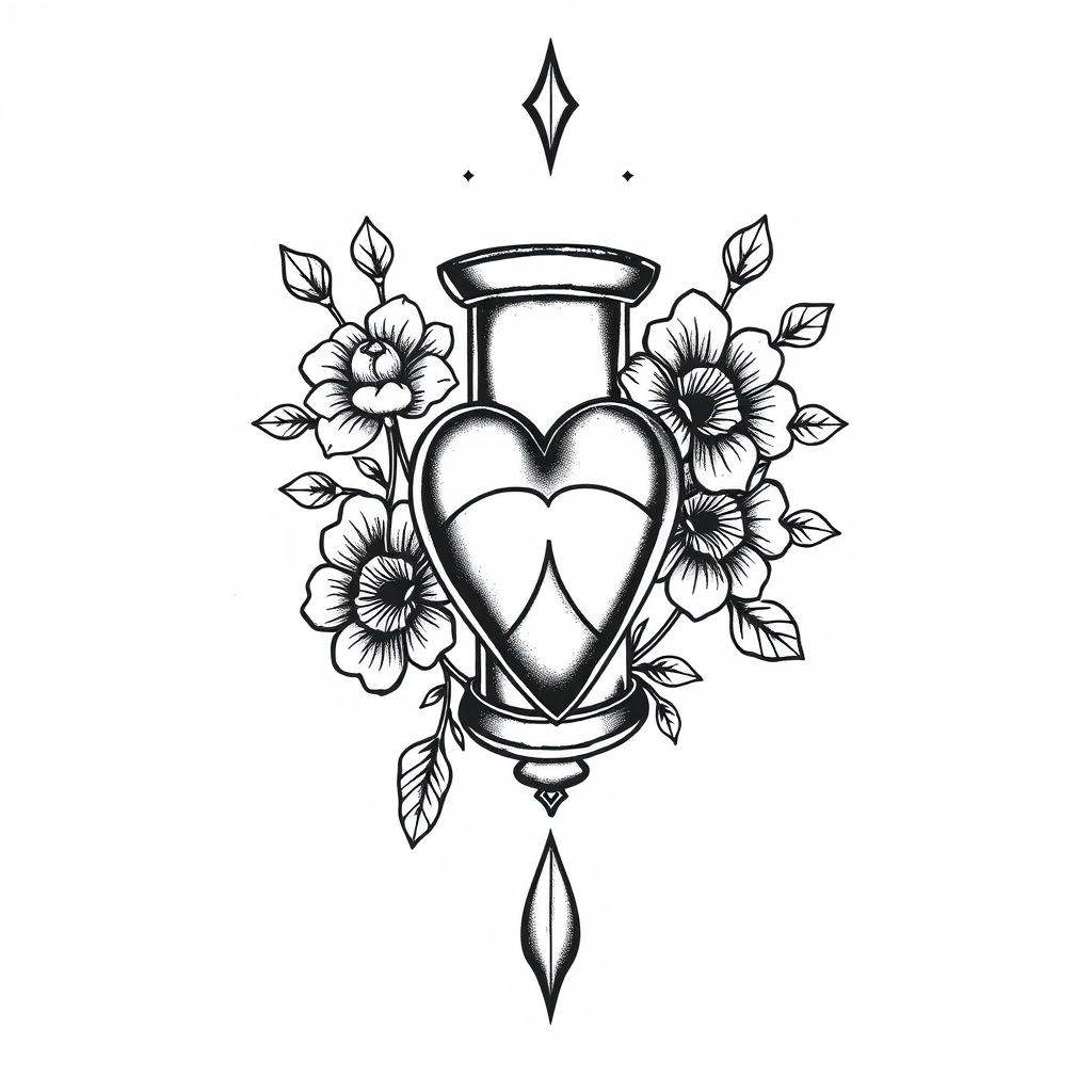 A tattoo design of hourglass heart flowers vintage tattoo on white background in the style of blackwork. - vintage tattoo tattoo design generated by AI tattoo generator