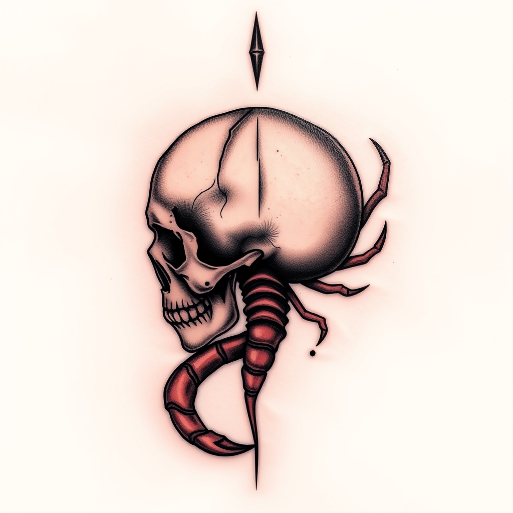 A tattoo design of A tatto of a human skull with the back of it transformed to a Scorpio tail in the style of abstract. - mythical creatures astrology tattoo design generated by AI tattoo generator