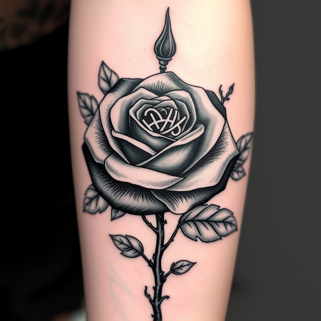 A tattoo design of Black and grey rose tattoo with leaves, stem and thorns. Hidden initials HLS, HPS, and KRS.and vines. Hidden initials HLS HPS and KRS inside the petals. in the style of realistic. - flower tattoo design generated by AI tattoo generator