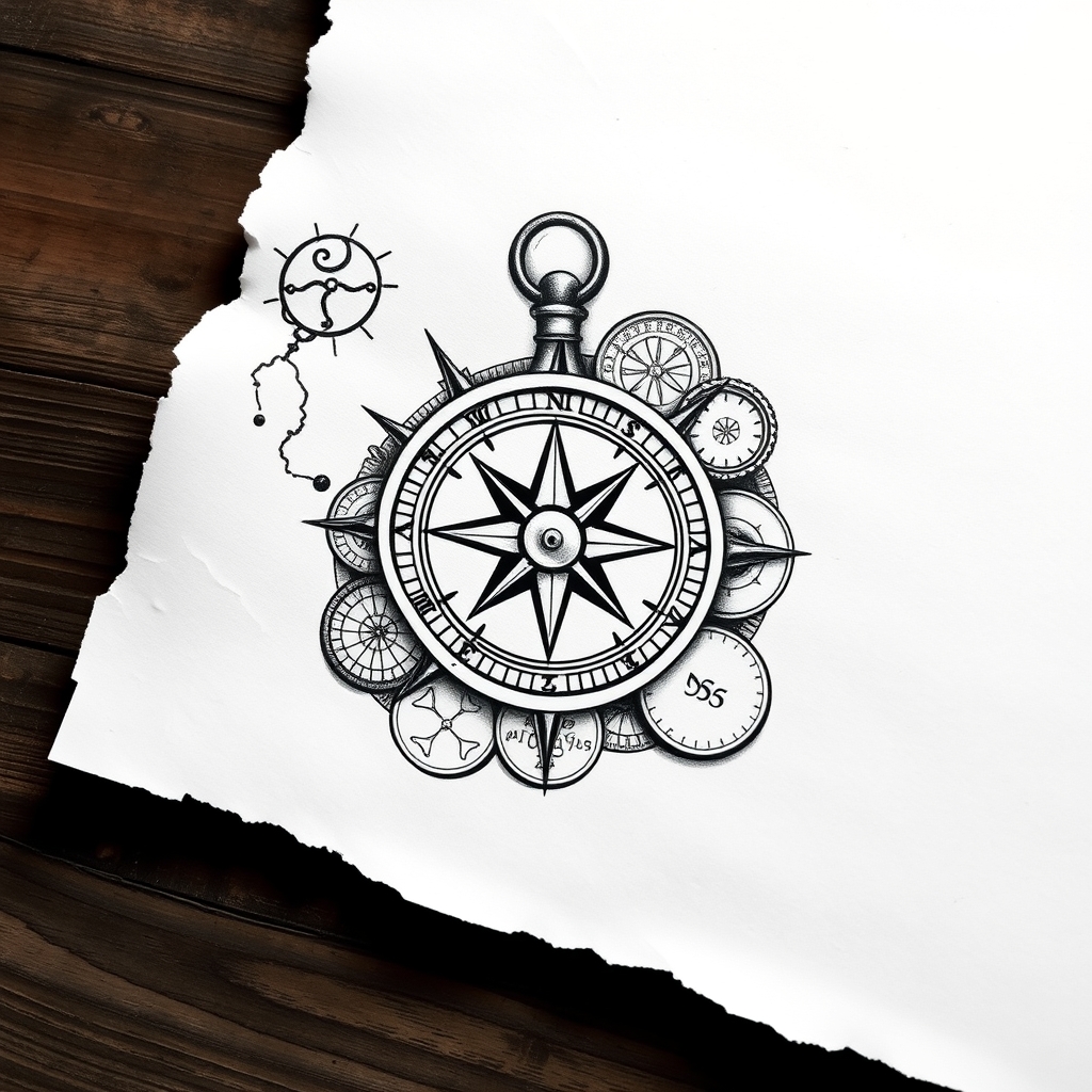 A tattoo design of b/w compass on old treasure map coins on white paper in the style of realistic. - navigation symbols tattoo design generated by AI tattoo generator